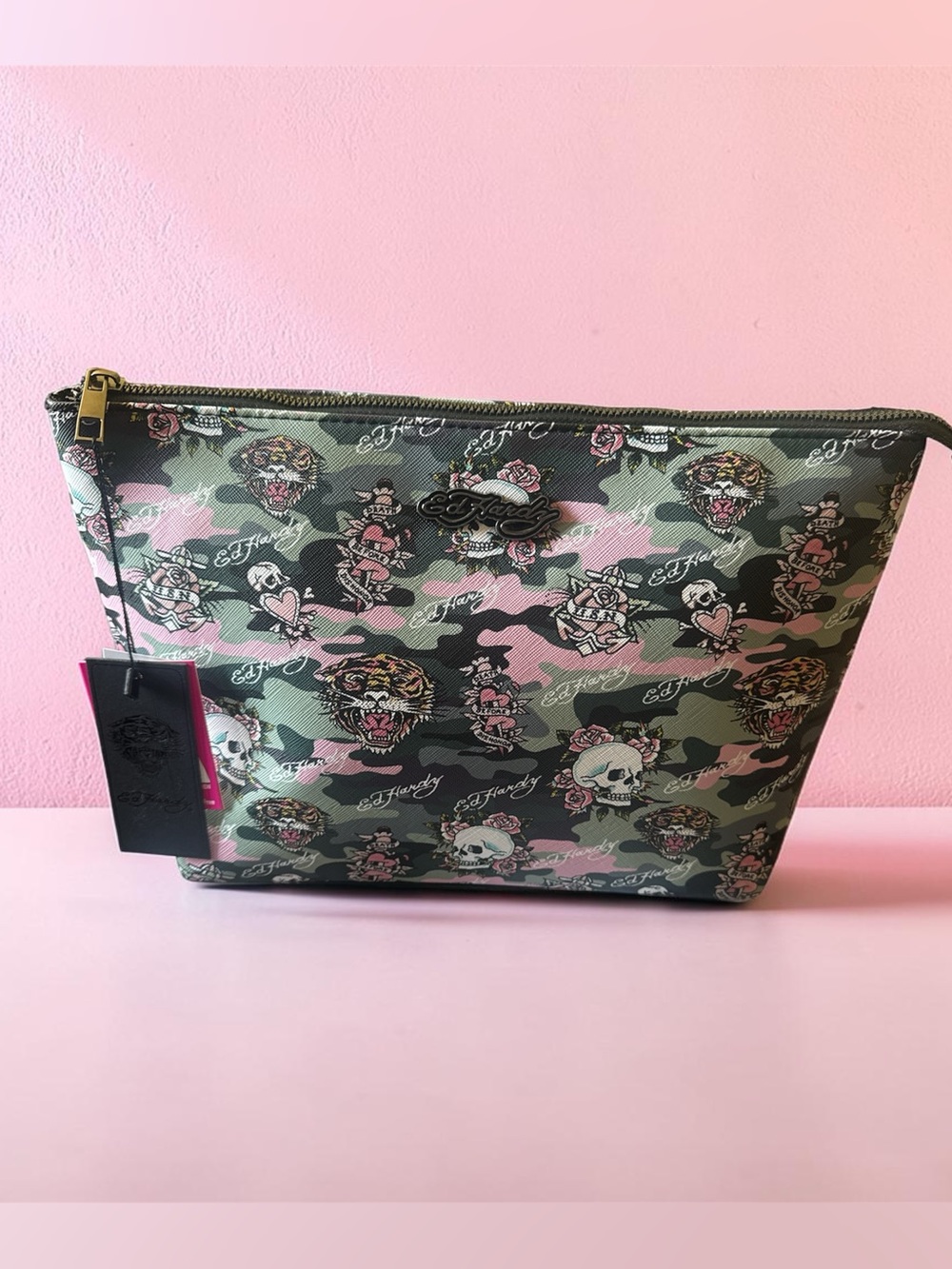 Ed Hardy Pink and Green Camo Tattoo Zip Pouch